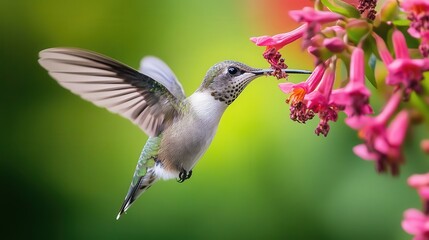 A hummingbird is feeding on pink flowers with outstretched wings