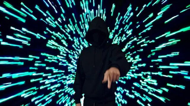 Cybersecurity Threat: A hooded figure, cloaked in shadow, points accusingly amidst a whirlwind of digital data streams, symbolizing the ever-present threat of cyberattacks.