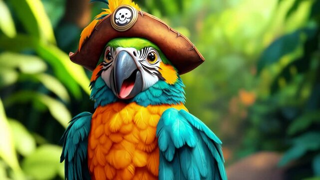 Colorful parrot with vibrant feathers wearing a pirate hat in tropical jungle