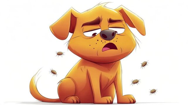 Sad cartoon dog with closed eyes surrounded by fleas on white background, symbolizing pet health problems, discomfort and parasite infestation