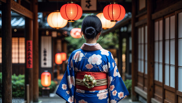 Woman wearing traditional kimono walking through japanese street decorated with lanterns
