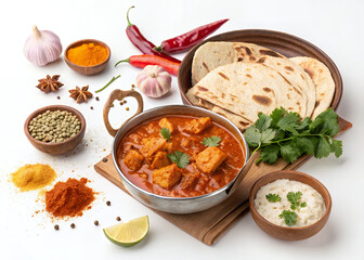 Indian Culinary Symphony: An exquisite assortment of ingredients and dishes for a tantalizing Indian meal, inviting the viewer to indulge in the rich flavors and aromas of traditional cuisine.