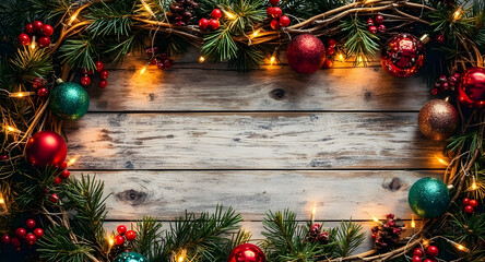 Top view of some wooden star and snowflake shapes, red, silver and gold christmas balls, pine twigs and christmas lights on a rustic wooden table. AI-generated