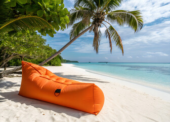 Orange Lounge on the Beach: An inviting orange lounge chair beckons on a pristine tropical beach, offering a serene escape with clear turquoise water and swaying palm trees.