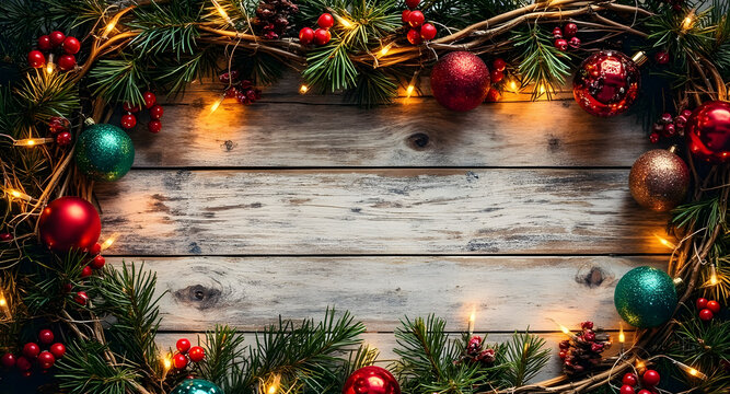 Top view of some wooden star and snowflake shapes, red, silver and gold christmas balls, pine twigs and christmas lights on a rustic wooden table. AI-generated - Powered by Adobe