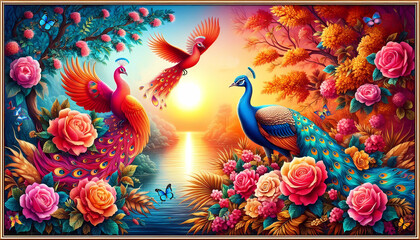 Picture of peacocks with the beauty of nature  in a gold frame. Multicolor artistic pattern artwork for creative graphic design. peacock.(01)