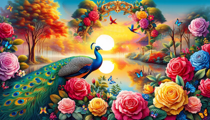 Picture of peacocks with the beauty of nature  in a gold frame. Multicolor artistic pattern artwork for creative graphic design. peacock.(04)