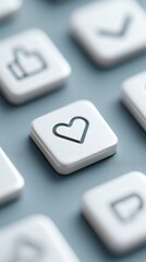 Close-up of white keyboard keys featuring social media icons like heart, thumbs up, and check mark on a blue-gray surface.