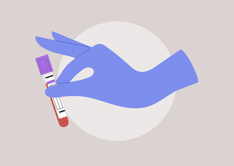 A gloved hand adeptly holds a blood collection tube, demonstrating the meticulous process involved in conducting lab blood tests, The environment reflects a blend of science and care.