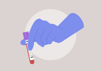 A gloved hand gently holds a blood sample tube, representing the essential step in health diagnostics, highlighting the significance of lab blood tests within a contemporary medical space