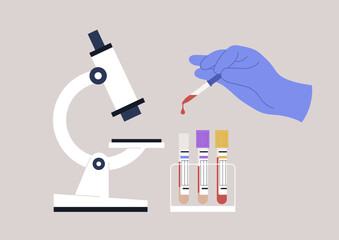 Naklejka na ściany i meble A gloved hand carefully collecting blood from a test tube while a microscope stands nearby, showcasing the intricate process of conducting lab blood tests for health analysis