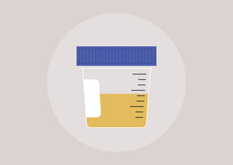 Clear container holds a yellow urine sample for laboratory analysis, showcasing medical testing procedures and health assessments in a sterile environment