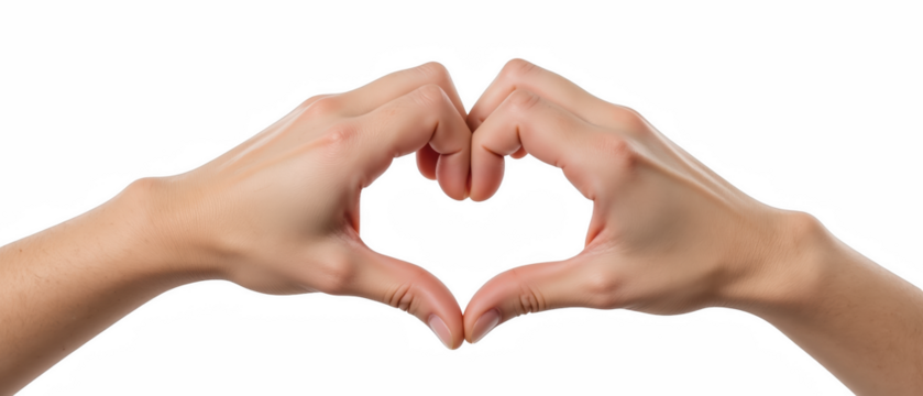 Hands forming heart shape, symbolizing love and connection, with clean background enhancing emotional expression