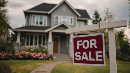 A close up of a for sale sign with a residential home and garden in the background.