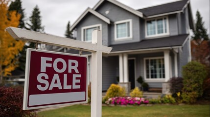A house is for sale in the autumn with a real estate sign in the front yard.