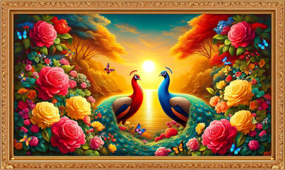 Picture of peacocks with the beauty of nature  in a gold frame. Multicolor artistic pattern artwork for creative graphic design. peacock.(10)