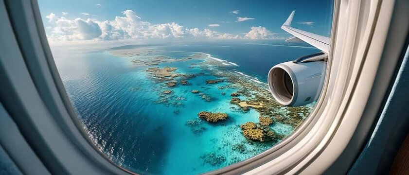 Aerial Wonders: A stunning view from an aircraft window showcasing the vast ocean and coral reefs below, symbolizing travel and exploration. 