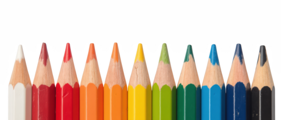 Colorful pencils arranged in row, showcasing variety of vibrant shades including red, yellow, green, and blue, perfect for artistic expression