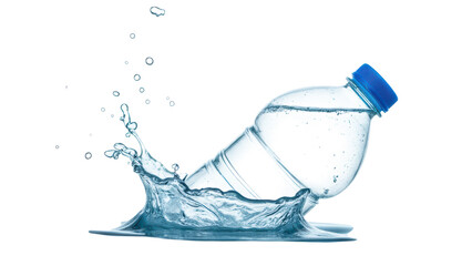 Water bottle splashes into clear water, creating dynamic droplets and waves, showcasing freshness and hydration