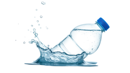 Water bottle splashes into clear water, creating dynamic droplets and waves, showcasing freshness and hydration
