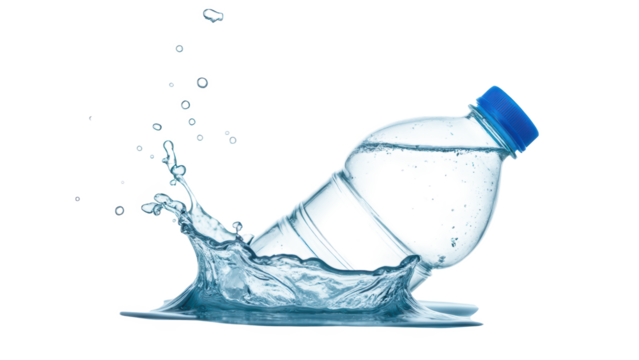Water bottle splashes into clear water, creating dynamic droplets and waves, showcasing freshness and hydration