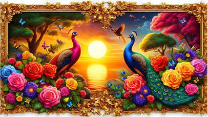 Picture of peacocks with the beauty of nature  in a gold frame. Multicolor artistic pattern artwork for creative graphic design. peacock.(14)