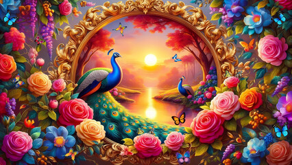 Picture of peacocks with the beauty of nature  in a gold frame. Multicolor artistic pattern artwork for creative graphic design. peacock.(12)