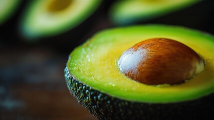 A close up photo of sliced open avocados on display