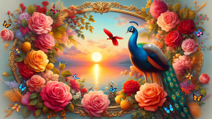 Picture of peacocks with the beauty of nature  in a gold frame. Multicolor artistic pattern artwork for creative graphic design. peacock.(16)