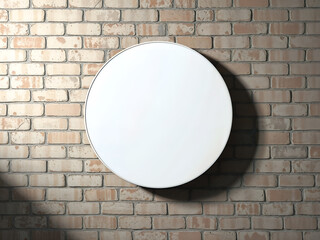 Circular white signage with shadow mounted on textured brick wall. Great for branding or product mockups. Generative AI