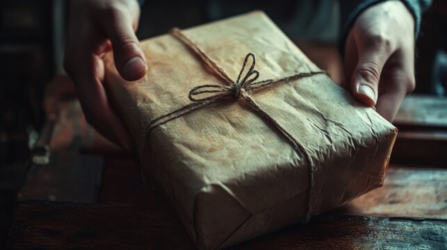 Hands are holding a wrapped package tied with twine string
