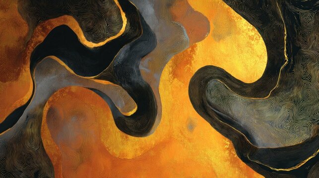 Abstract fluid art with swirling, flowing patterns of gold, black, and gray colors