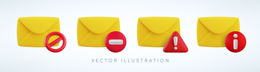 Vector cartoon 3d no spam mail icon set. Realistic 3d render of yellow envelope with red circle stop, attention, info and exclamation sign. Forbidden mailing, blocked message notification sticker.