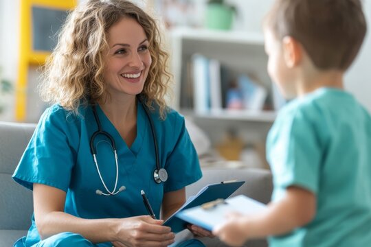 A smiling healthcare professional interacts with a young child, creating a warm and friendly atmosphere in a clinical setting.
