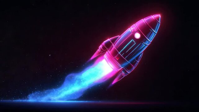 Neon Rocket Launch with Space Travel, and Startup Concept.