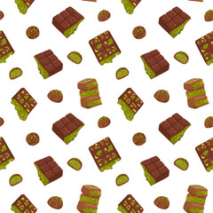 Dubai chocolate bar with pistachio nuts topping seamless pattern. Vector cartoon hand drawn illustration of sweet trendy dessert for packaging, textile, wrapping, menu background isolated on white