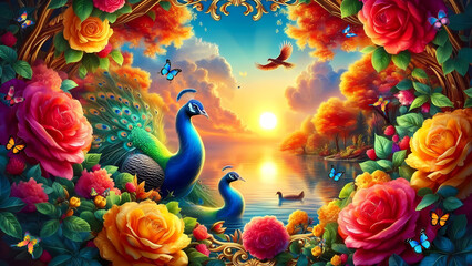 Picture of peacocks with the beauty of nature  in a gold frame. Multicolor artistic pattern artwork for creative graphic design. peacock.(17)