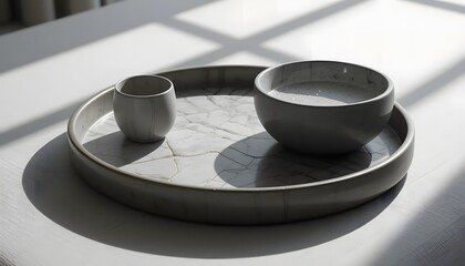 Close-up of modern ceramic tray with minimalist accessories, soft shadows, elevated home decor