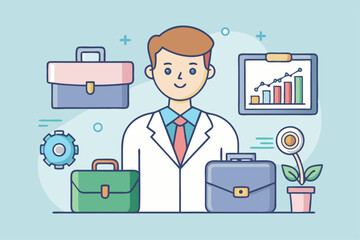 Cartoon businessman working on a laptop, analyzing a business chart and graph with a modern technology concept illustration