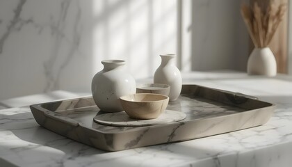 Close-up of modern ceramic tray with minimalist accessories, soft shadows, elevated home decor
