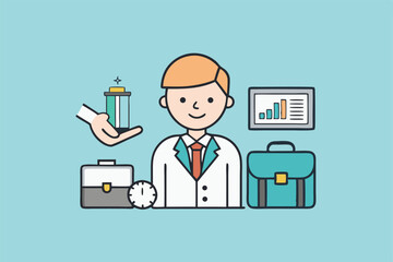 Cartoon businessman character with mobile phone vector illustration for business success concept