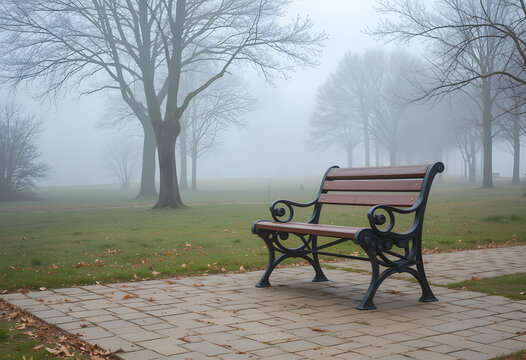Park bench on foggy path with trees