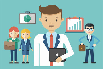Business vector illustration of diverse office workers and managers in suits, demonstrating teamwork and success concepts