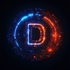 Glowing Letter D with Digital Circuitry Inside Ring on Dark Background