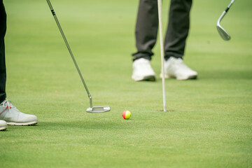 A person is holding a golf club and is about to hit a ball