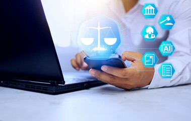 Business and AI ethics concept with businessman working on laptop to use AI help create or generate or use as legal advisor for business operations