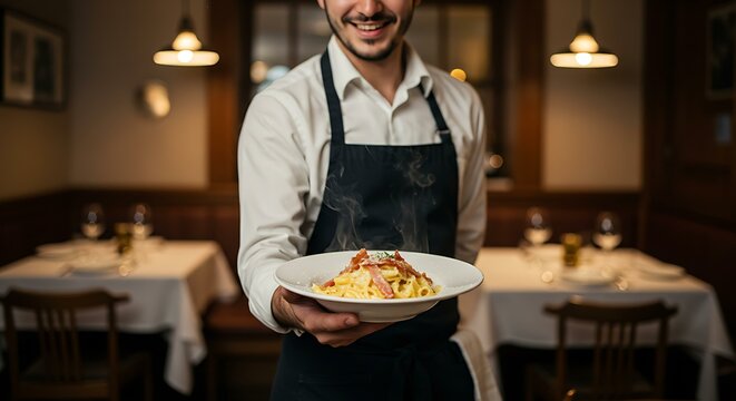 Waiter serving a plate of pasta carbonara