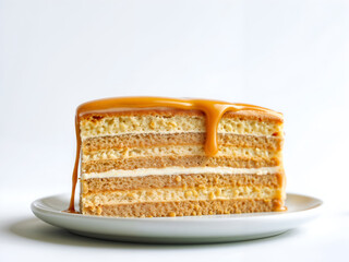 Slice of caramel layered cake with chocolate topping and syrup, isolated on white. Generative AI