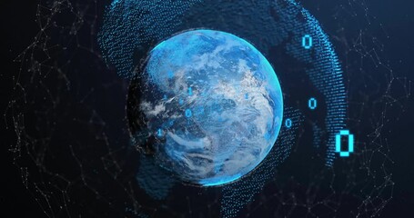 Faint network glow starting rotating data globe streaming binary digits showing global data flow - Powered by Adobe