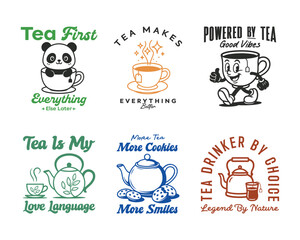 Tea quote and funny cute tea lover designs vector bundle. Can be used as t shirt, poster, sticker, print design